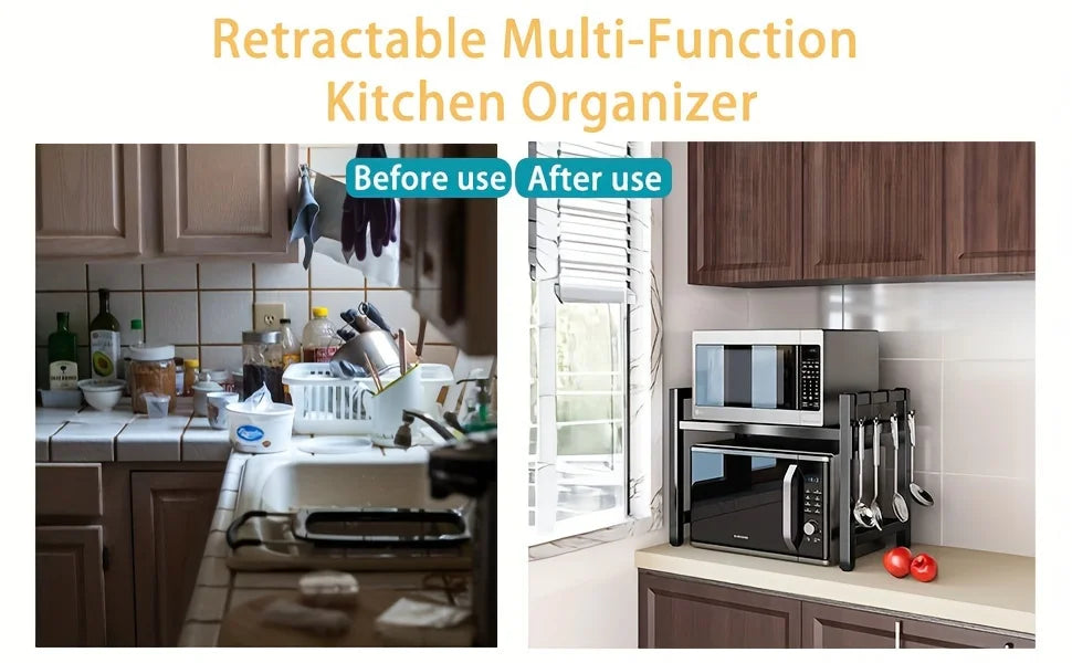 Expandable Microwave Shelf with 6 Hooks - Kitchen Storage Rack