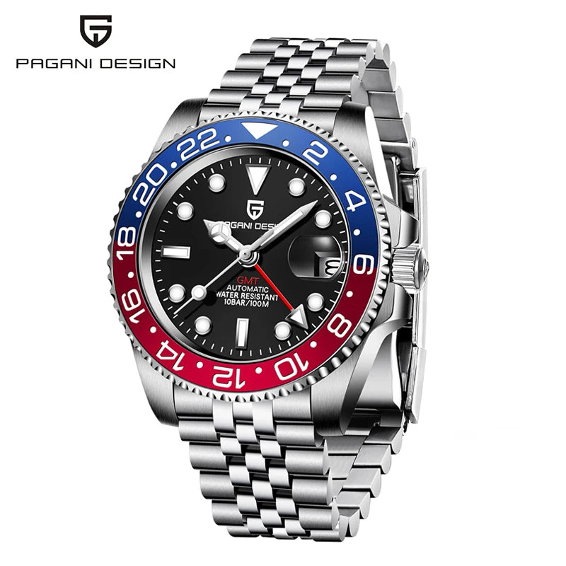 Zegarek mechaniczny męski pagani design pd-1662 luksusowy gmt - szafir, stal, wodoodporny 100m