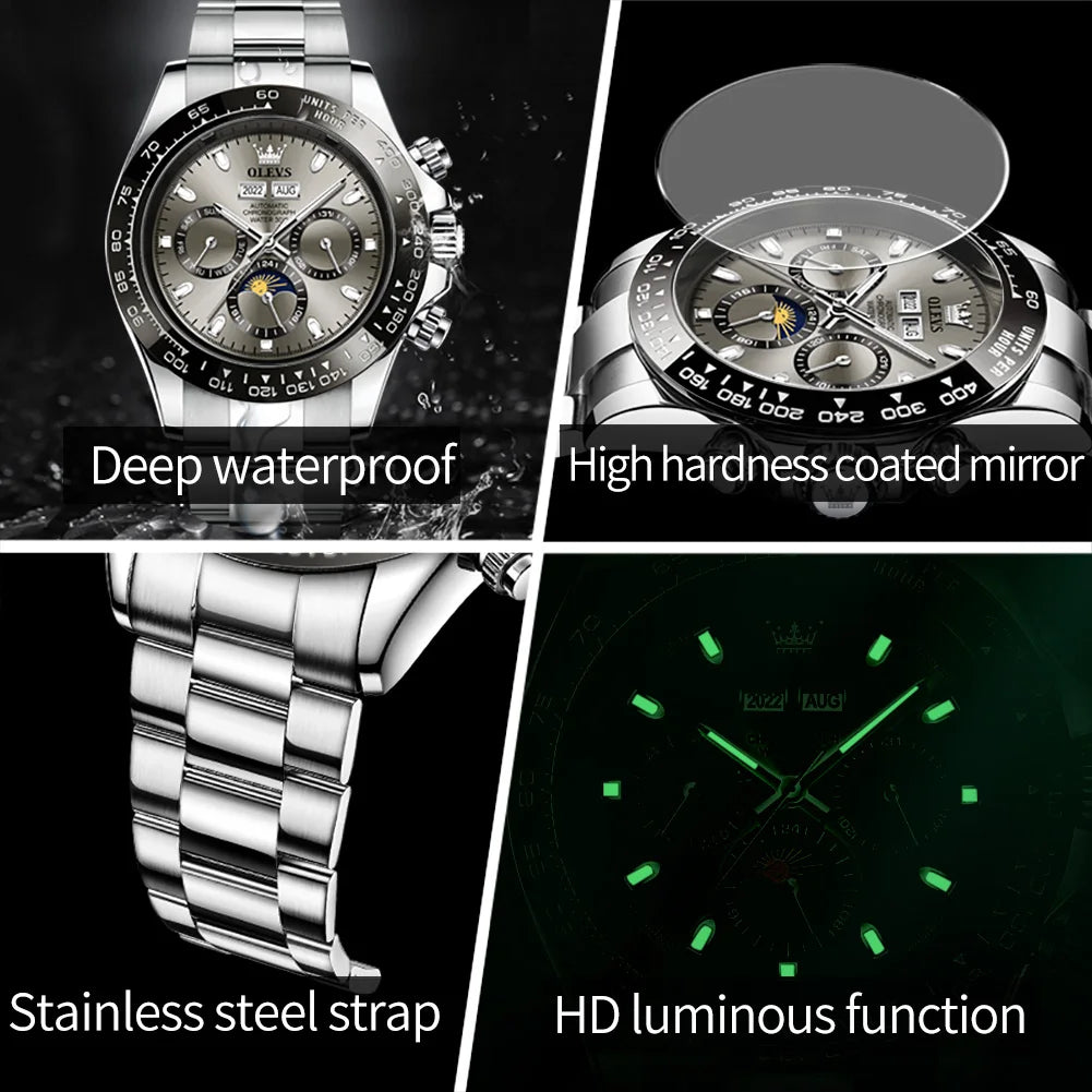 Olevs 6654 luksusowy automatyczny mechaniczny zegarek męski chronograf wodoodporny luminous