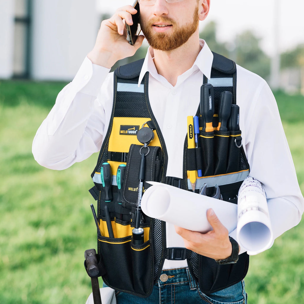 Kamizelka narzędziowa odblaskowa melotough z odpinanym uchwytem na telefon - odzież robocza wysokiej widoczności