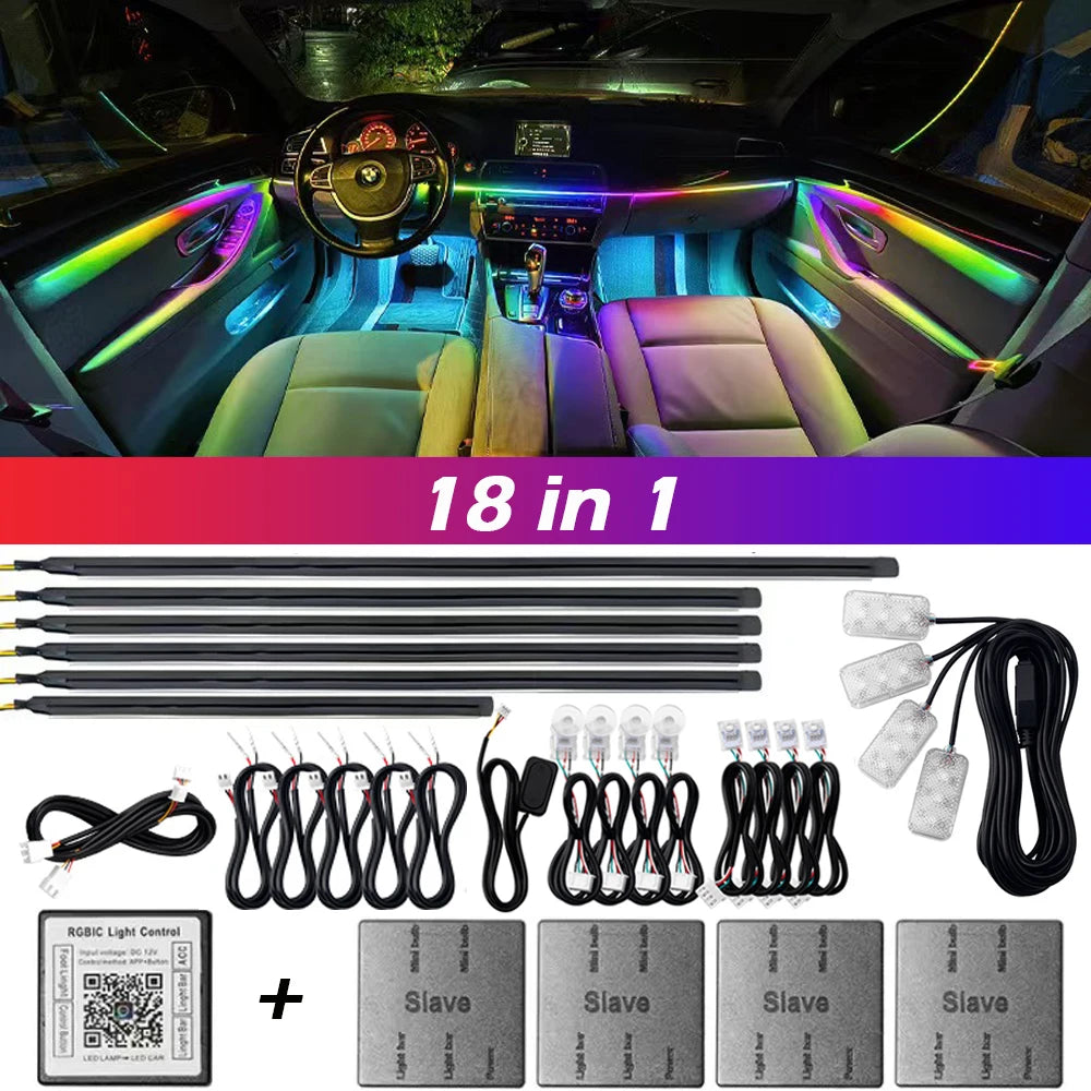 Zestaw 18-w-1 dwustrefowego nastrojowego oświetlenia samochodowego rgb z kontrolą aplikacją