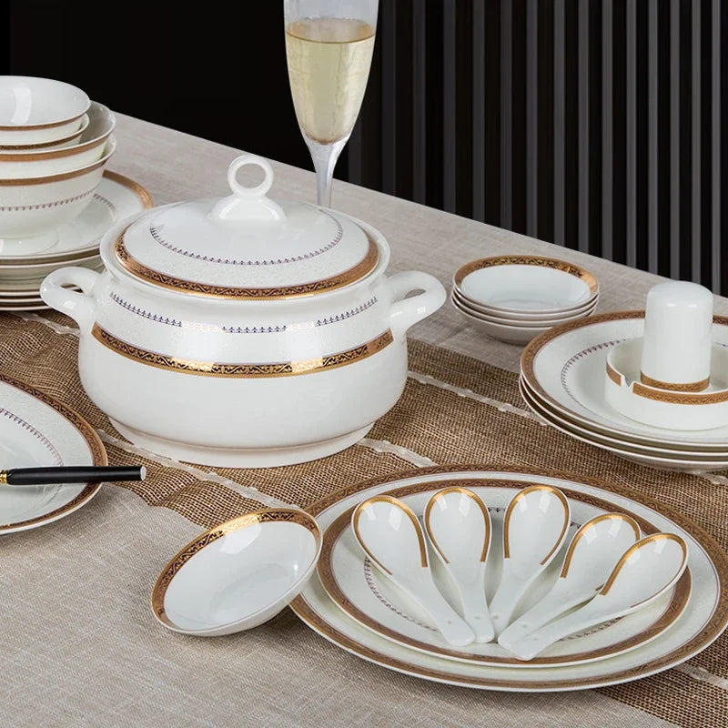 Luxury 58-Pc Gold Rim Bone China Dinnerware Set - Elegant Dining