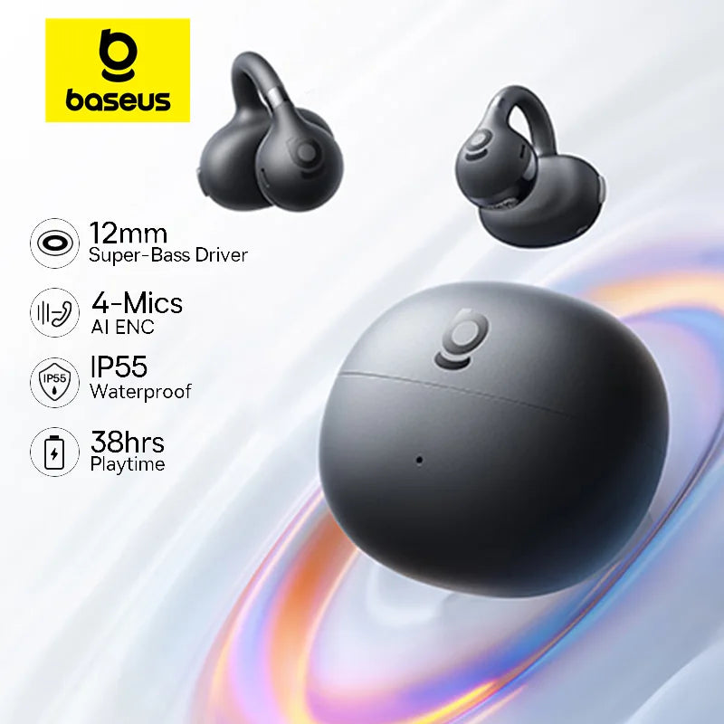 Baseus bc1 otwarte słuchawki na klips – bezprzewodowe sportowe słuchawki bluetooth 6.0 z 4 mikrofonami, super basem i ip55
