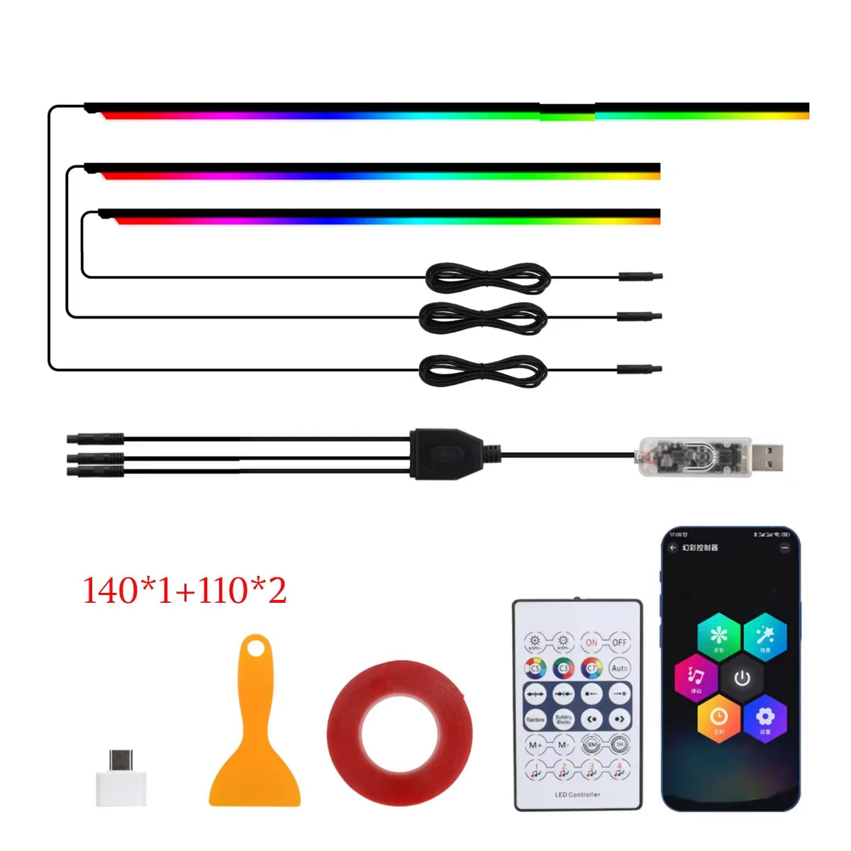 Paski led rgb akrylowe 10-w-1 do samochodu - sterowanie aplikacją i pilotem