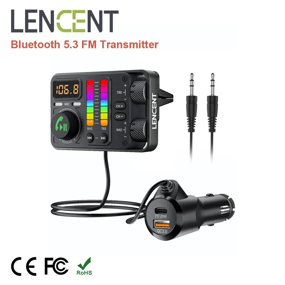 Lencent bluetooth 5.3 samochodowy nadajnik fm i szybka ładowarka