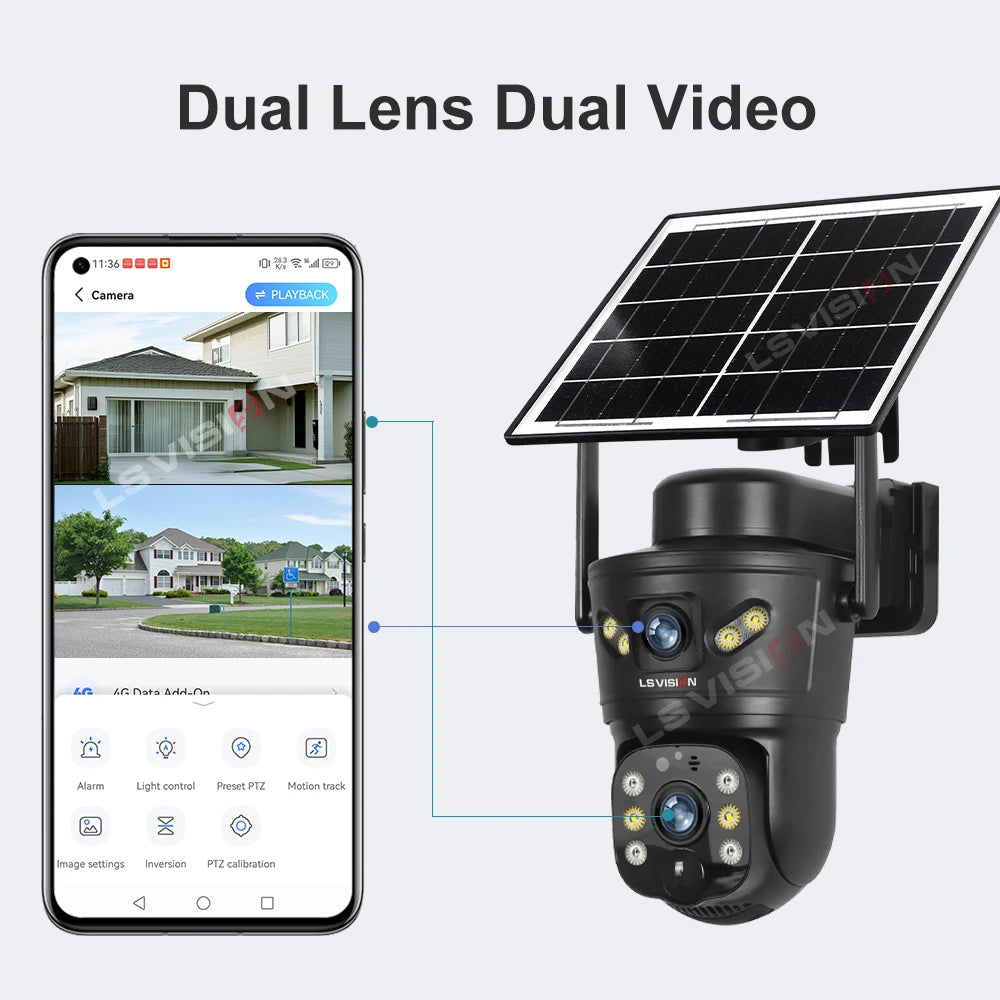 Kamera solarna zewnętrzna ls vision 4g/wifi 8mp z podwójnym obiektywem, pir, kartą sim, widzeniem nocnym i wodoodpornością
