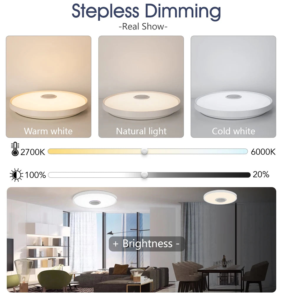 Inteligentna lampa sufitowa led rgb z głośnikiem – ściemnialna, sterowanie aplikacją