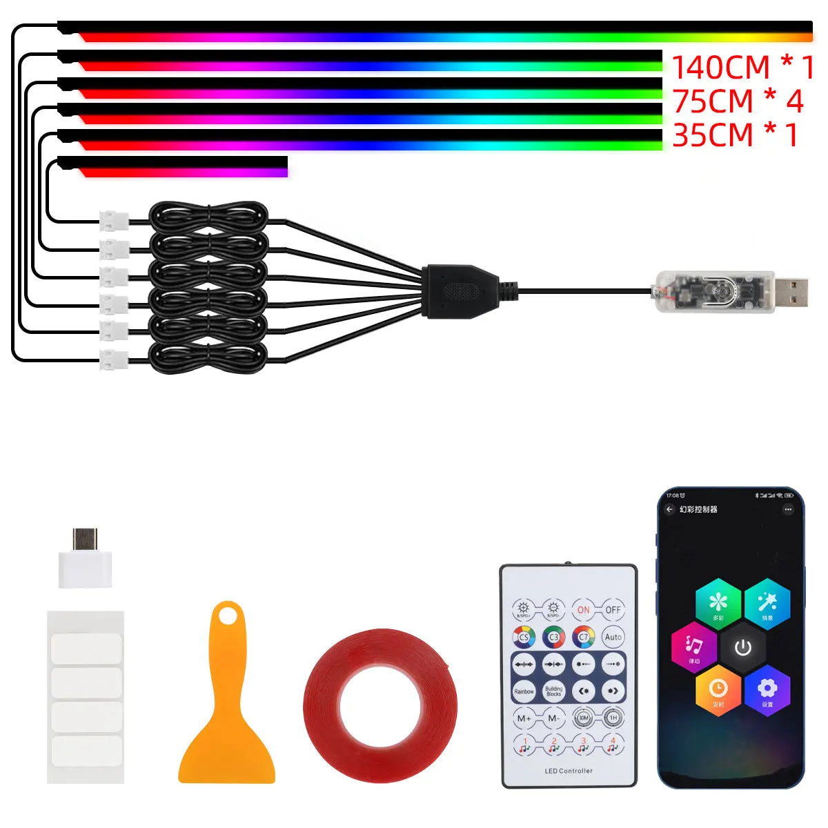 Paski led rgb akrylowe 10-w-1 do samochodu - sterowanie aplikacją i pilotem