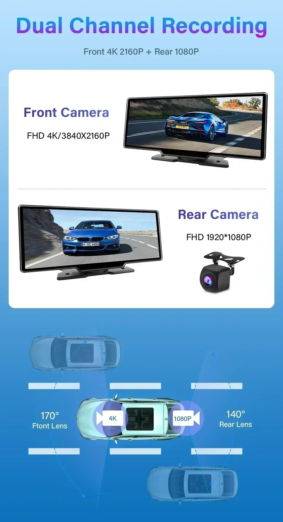 Kamera samochodowa srnubi 10.26" 4k z apple carplay, android auto i gps