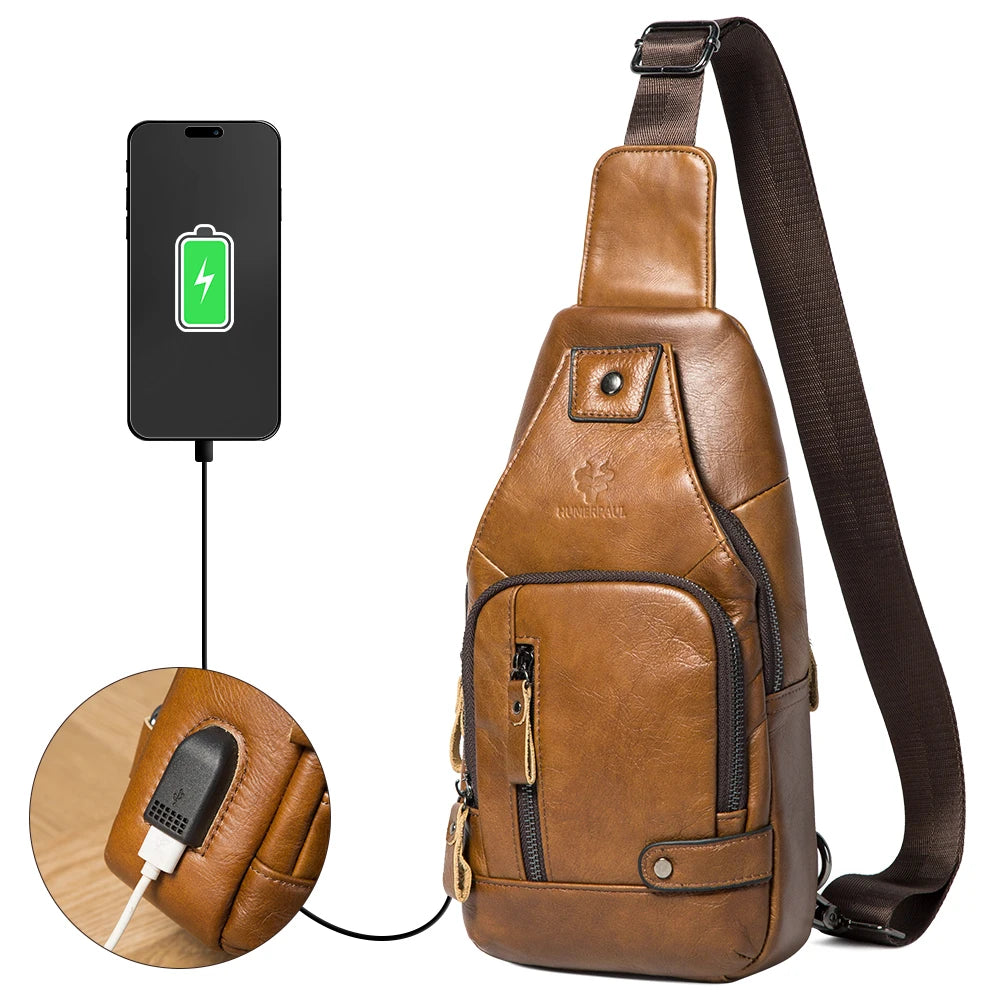 Humerpaul męska skórzana torba na pierś usb - podróż i moda