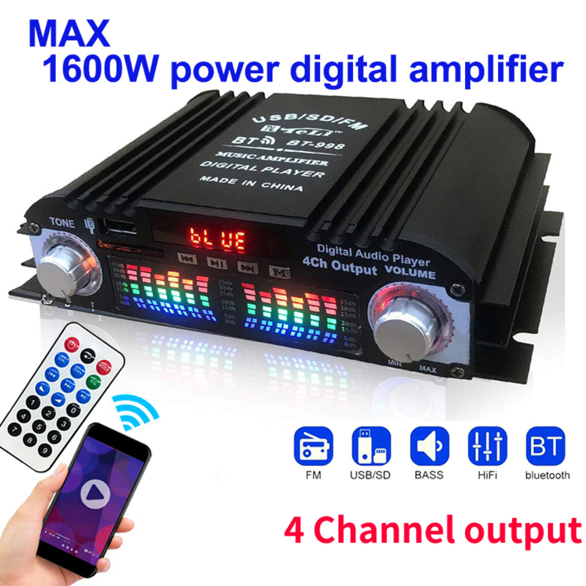 Wzmacniacz dźwięku hi-fi 1600w peak, 4-kanałowy cyfrowy, z bluetooth, karaoke i radiem fm, obsługa pilotem