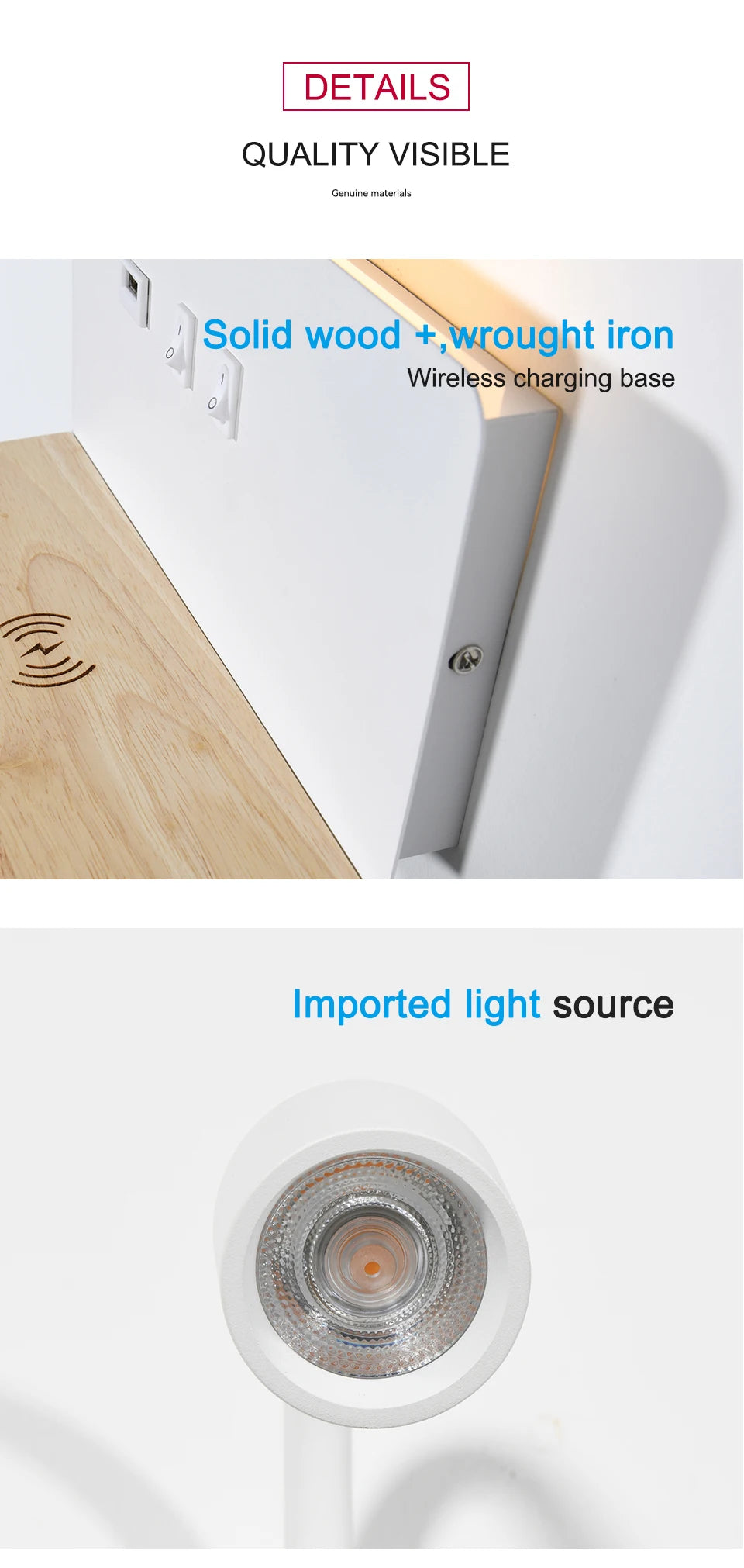 Nowoczesna lampa ścienna led 360° obrotowa z usb i ładowaniem bezprzewodowym do sypialni