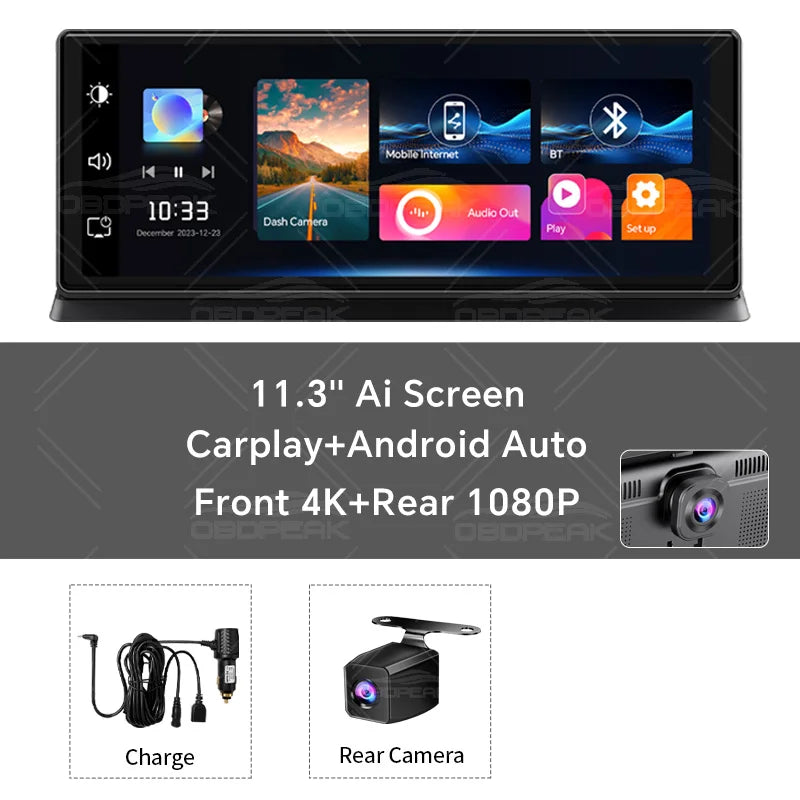 K2 pro 11.3" 4k bezprzewodowy carplay android auto kamera samochodowa z gps i podwójnym obiektywem