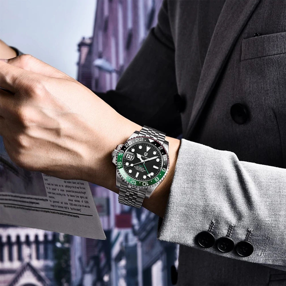 Zegarek mechaniczny męski pagani design pd-1662 luksusowy gmt - szafir, stal, wodoodporny 100m