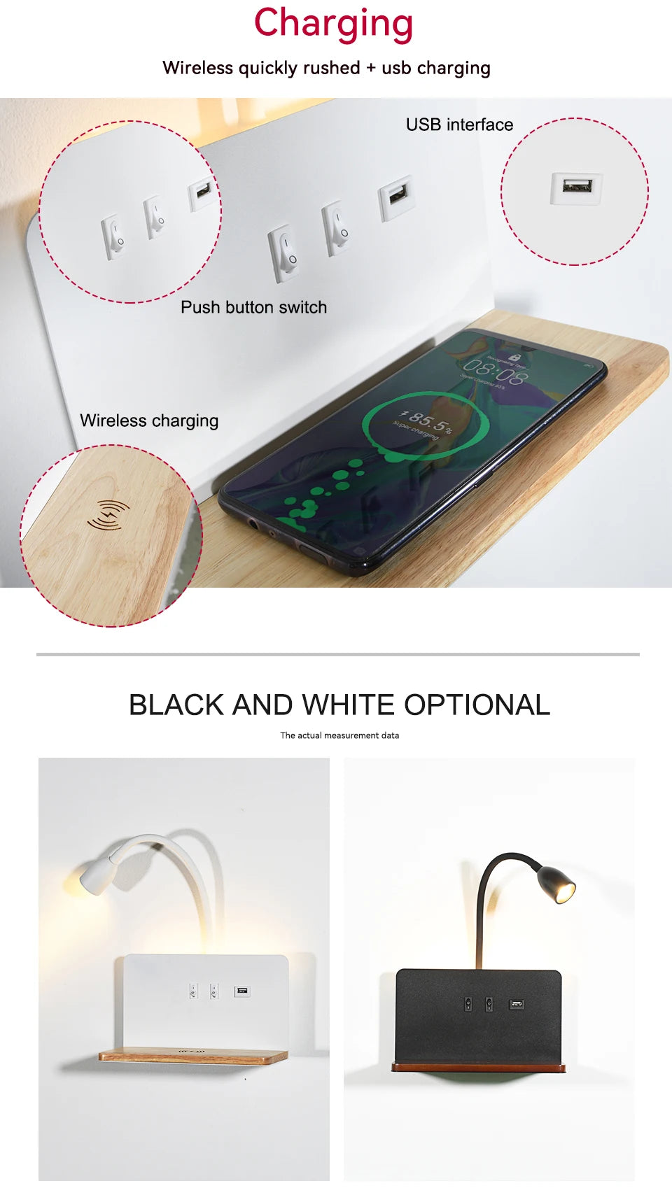 Nowoczesna lampa ścienna led 360° obrotowa z usb i ładowaniem bezprzewodowym do sypialni