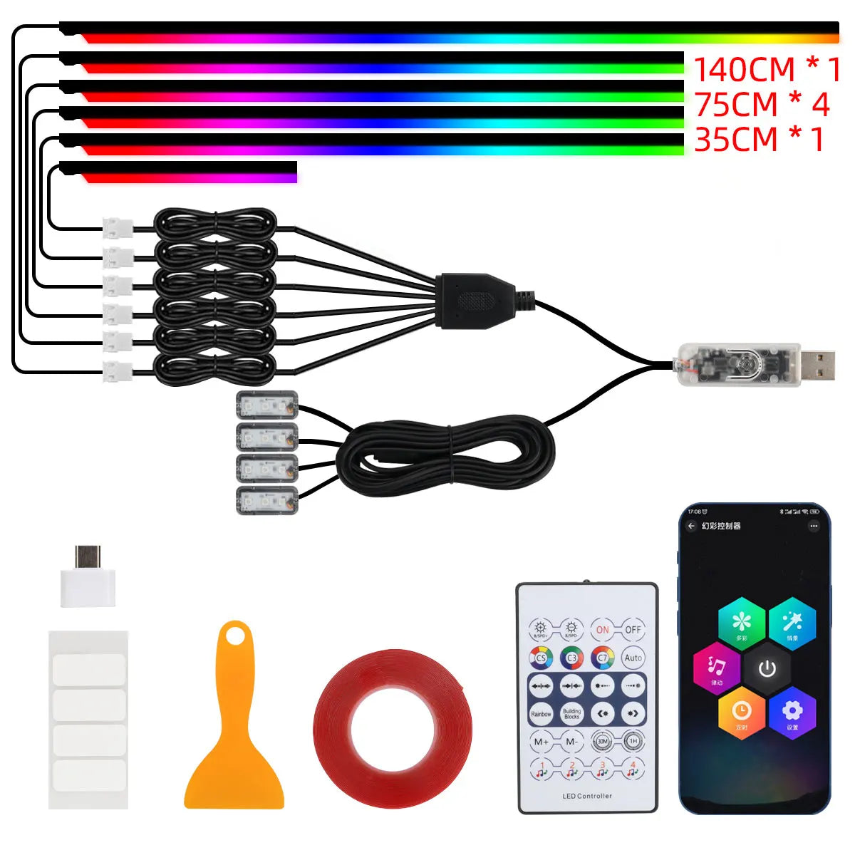 Paski led rgb akrylowe 10-w-1 do samochodu - sterowanie aplikacją i pilotem