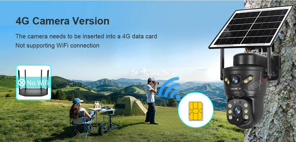 Kamera solarna zewnętrzna ls vision 4g/wifi 8mp z podwójnym obiektywem, pir, kartą sim, widzeniem nocnym i wodoodpornością