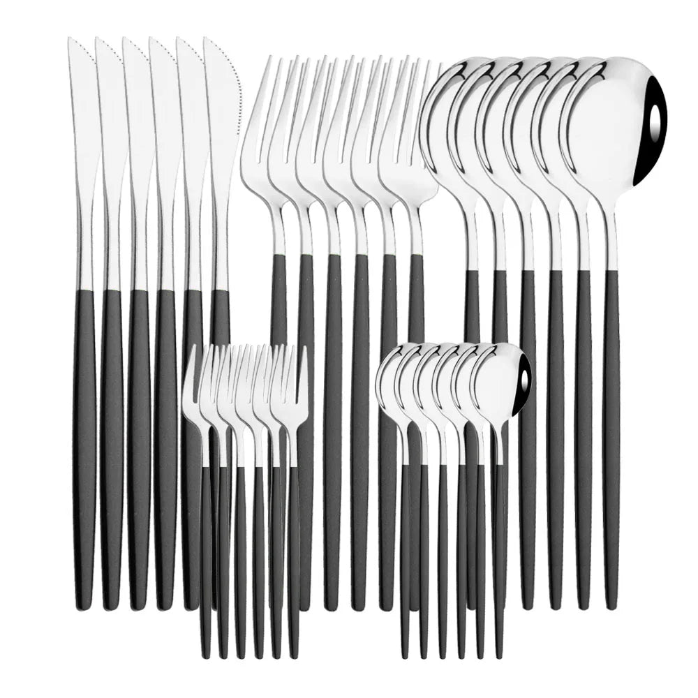 30-Piece Black Gold Stainless Steel Dinnerware Set | Kitchen Cutlery