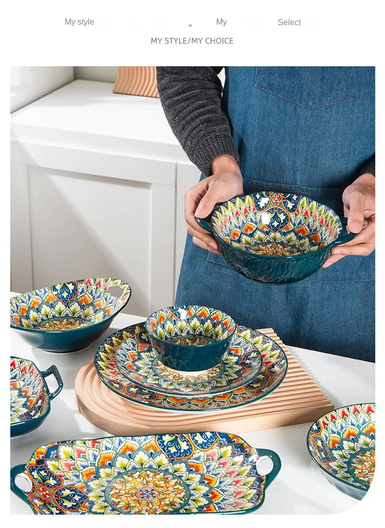 Bohemia Retro Ceramic Dinner Plate Set - Elegant Household Tableware