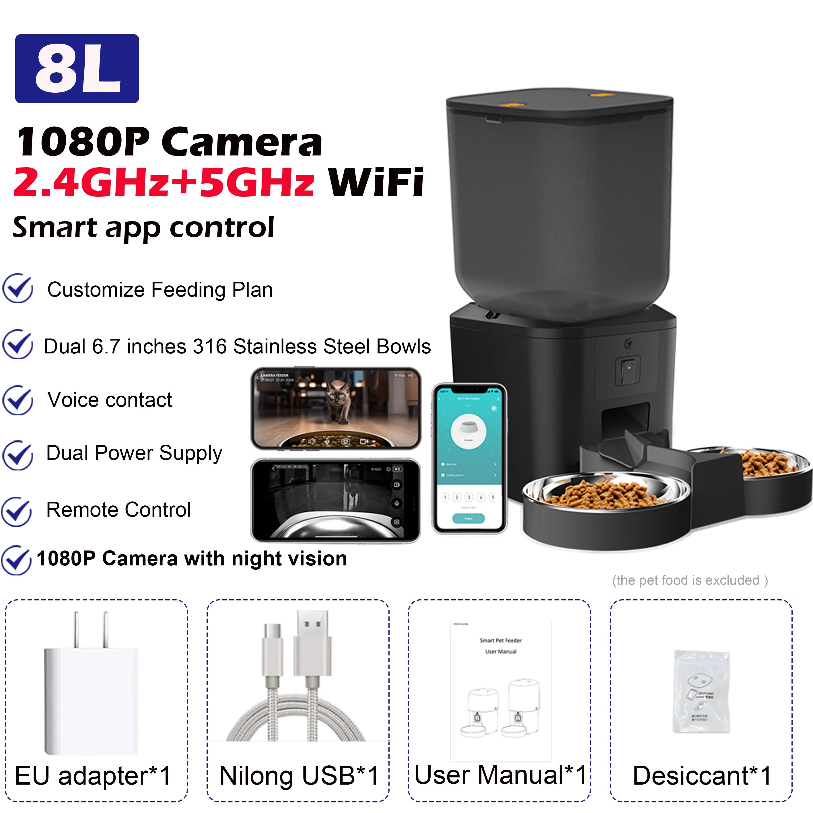 8l automatyczny podajnik karmy dla kota z kamerą 1080p i wifi 5g tuya