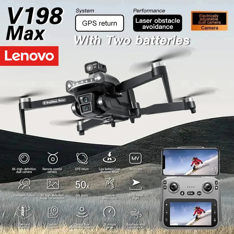Lenovo V198Max GPS Drone | 4K/8K Dual Camera 5G FPV RC