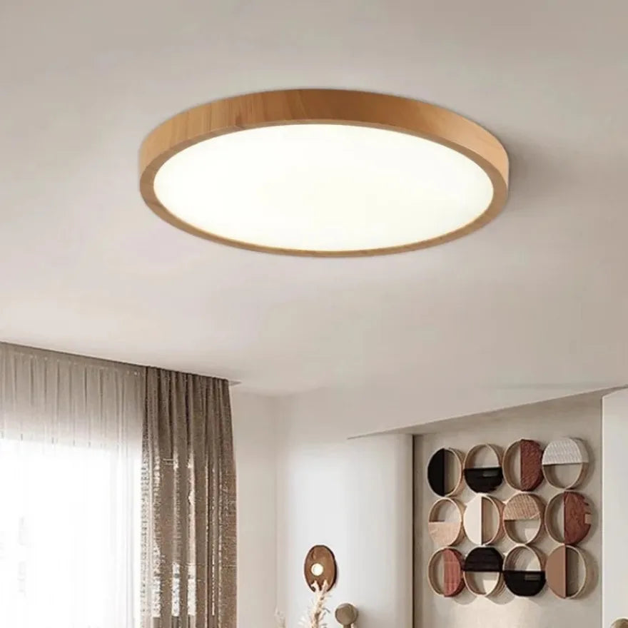 Nowoczesna okrągła lampa sufitowa led - ultracienka z imitacją drewna orzechowego