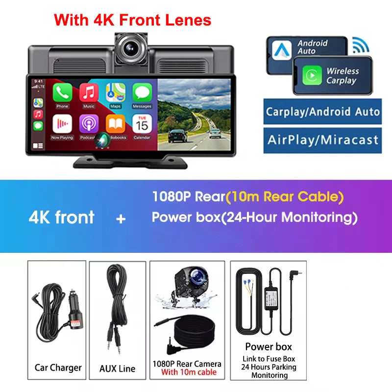 Kamera samochodowa srnubi 10.26" 4k z apple carplay, android auto i gps