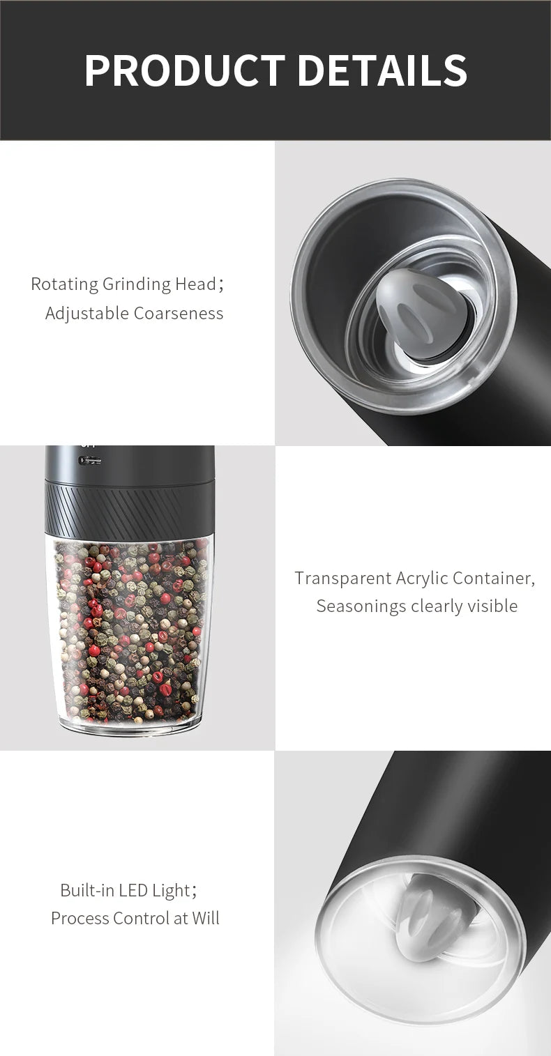 USB Rechargeable Electric Salt & Pepper Grinder - Adjustable Coarseness