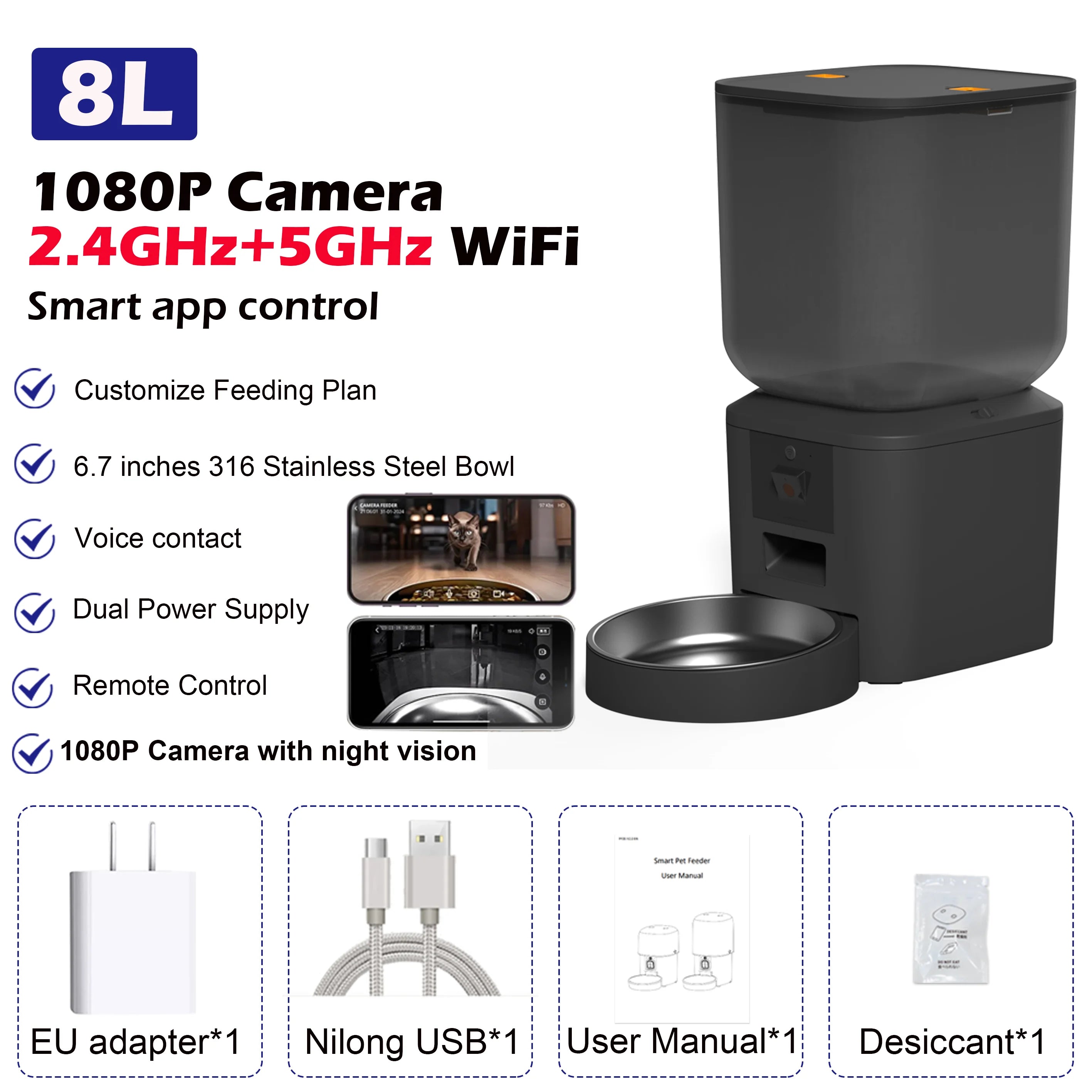 8l automatyczny podajnik karmy dla kota z kamerą 1080p i wifi 5g tuya