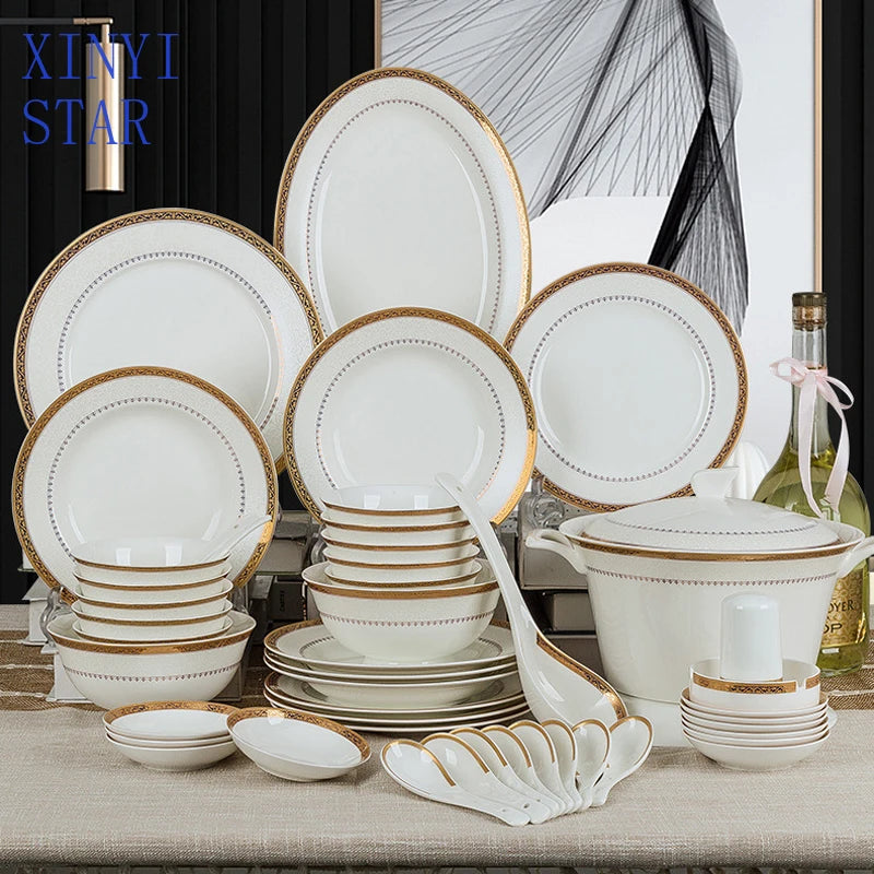 Luxury 58-Pc Gold Rim Bone China Dinnerware Set - Elegant Dining
