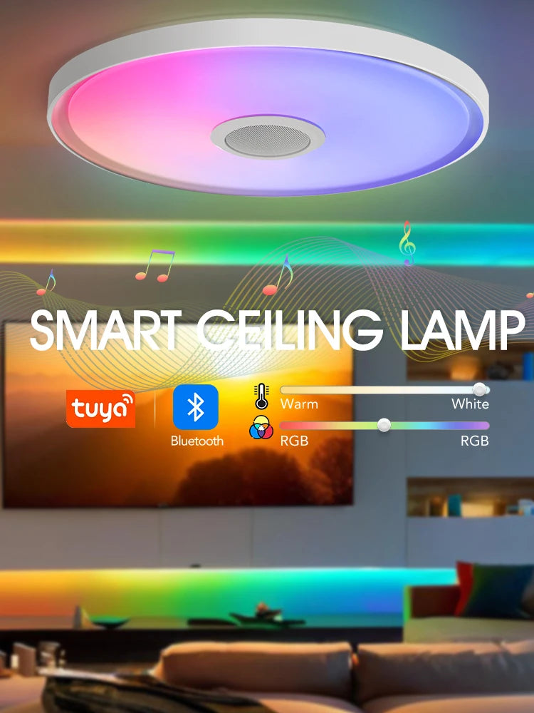 Inteligentna lampa sufitowa led rgb z głośnikiem – ściemnialna, sterowanie aplikacją