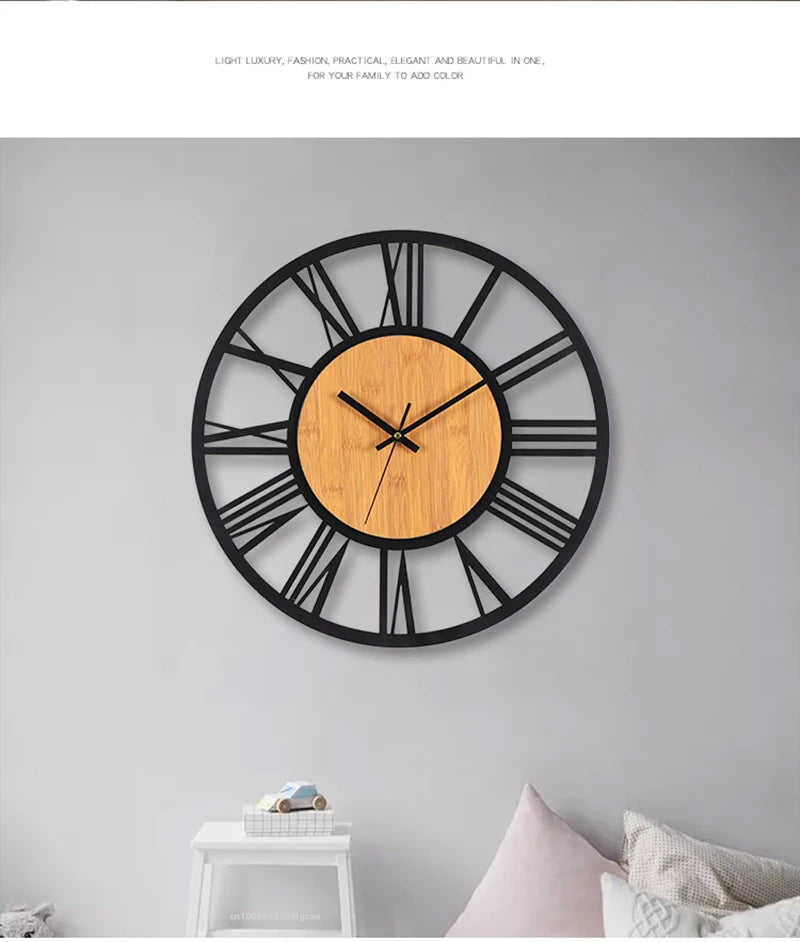 Nordic Retro 3D Large Wall Clock - Silent Roman Numerals Wood Metal Iron Decor