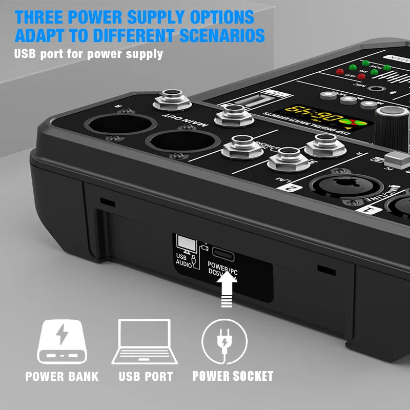 Mikser audio 4-kanałowy bluetooth z zasilaniem phantom 48v do komputera i karaoke