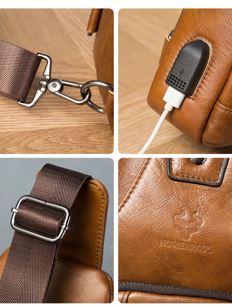 Humerpaul męska skórzana torba na pierś usb - podróż i moda