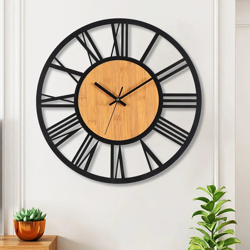 Nordic Retro 3D Large Wall Clock - Silent Roman Numerals Wood Metal Iron Decor