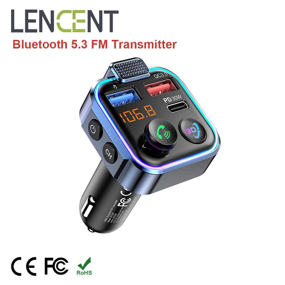 Nadajnik fm bluetooth 5.3 lencent | ładowarka samochodowa pd 30w qc3.0 z funkcją głośnomówiącą
