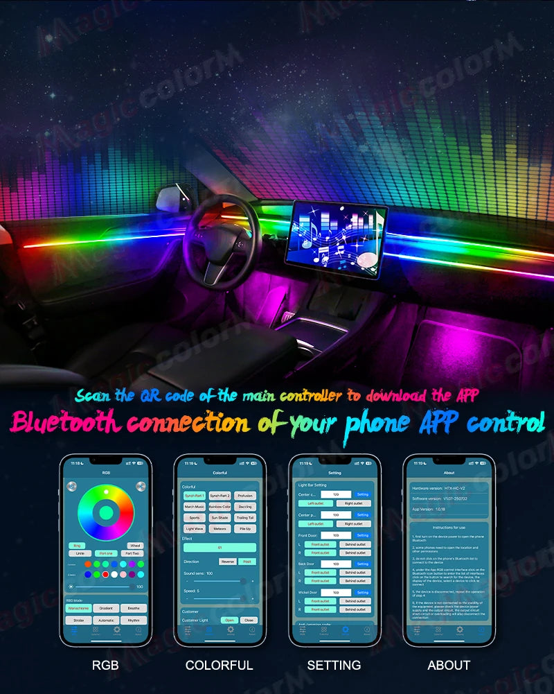 Zestaw 18-w-1 samochodowych lamp ambientowych led – rgb symfonia strumieniowa bluetooth