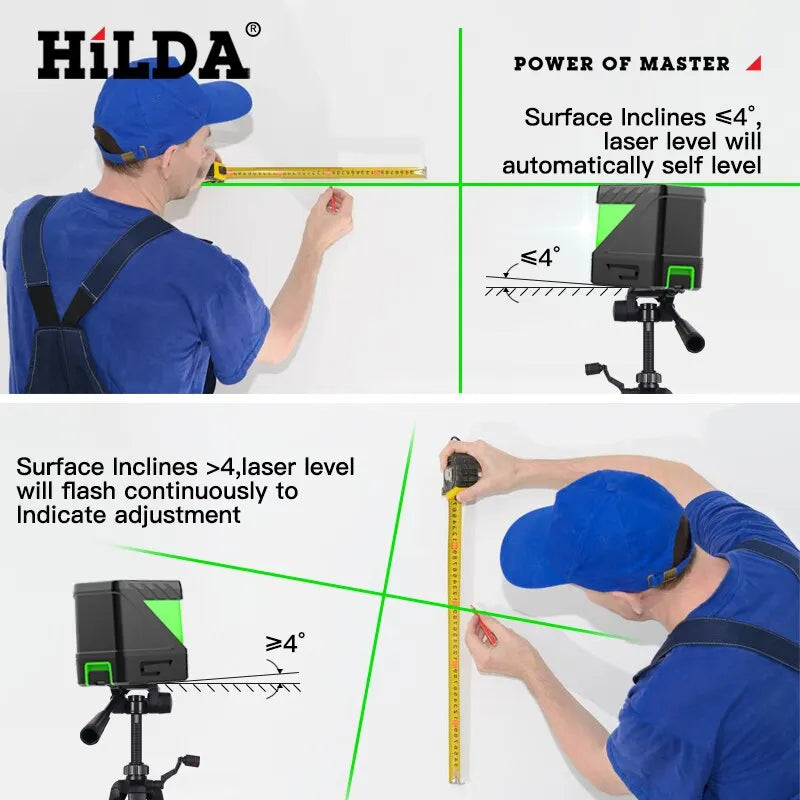 HILDA 2 Lines Green Laser Level - Self-Levelling Cross Line Mini Tool