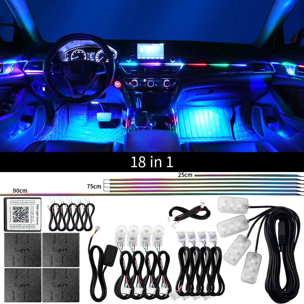 Zestaw 18-w-1 dwustrefowego nastrojowego oświetlenia samochodowego rgb z kontrolą aplikacją