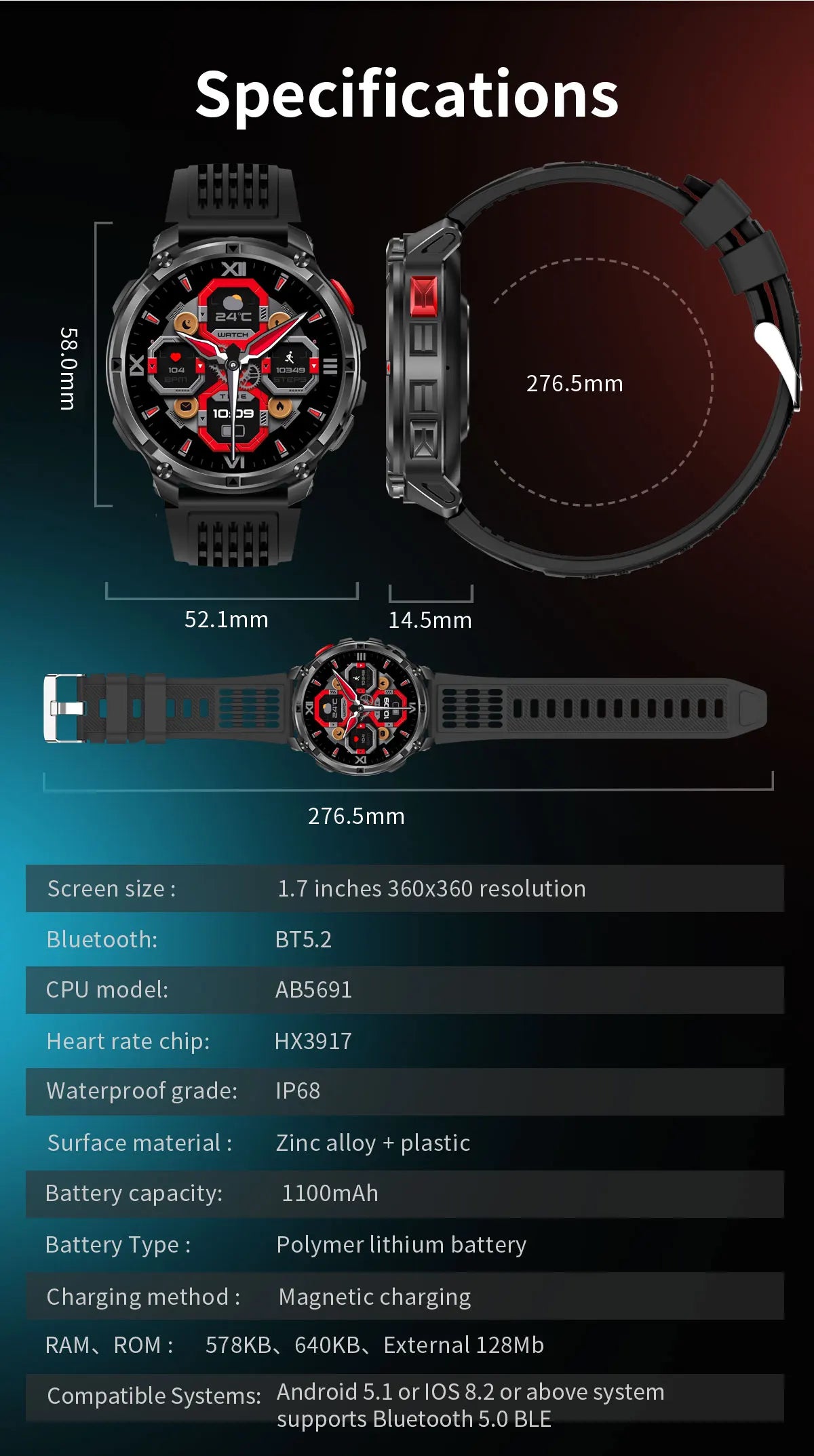 T-rex3 pro smartwatch | bateria 1100mah, gps, wodoodporny 5atm, wojskowy standard
