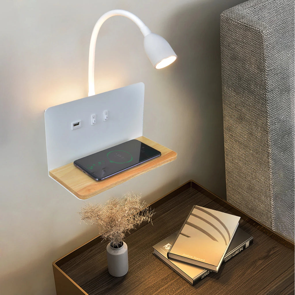 Nowoczesna lampa ścienna led 360° obrotowa z usb i ładowaniem bezprzewodowym do sypialni