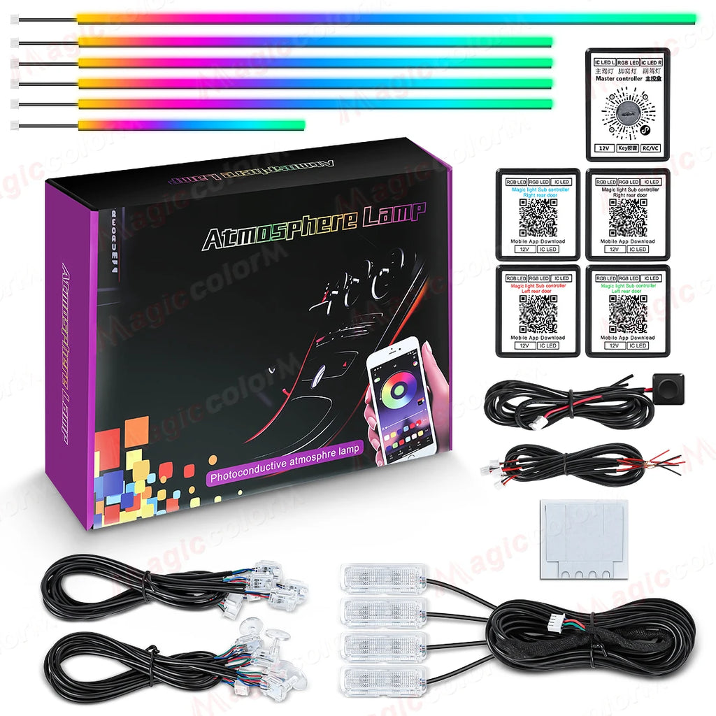 Zestaw 18-w-1 samochodowych lamp ambientowych led – rgb symfonia strumieniowa bluetooth