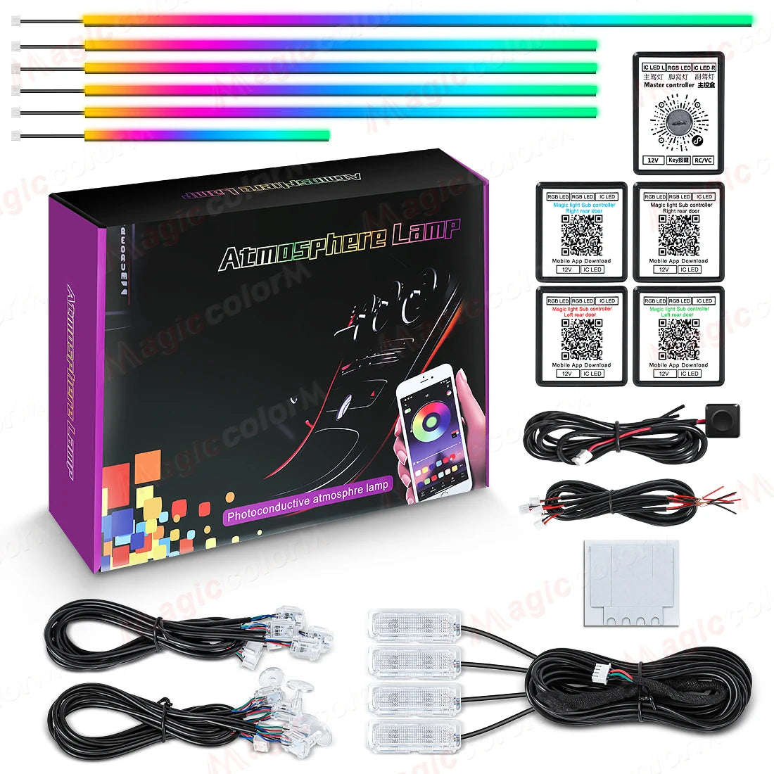 Zestaw 18-w-1 samochodowych lamp ambientowych led – rgb symfonia strumieniowa bluetooth