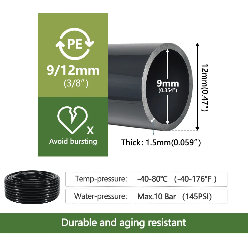 Vabena czarny wąż ogrodowy pe 1/4" 3/8" od 6-12mm – odporny na ciśnienie