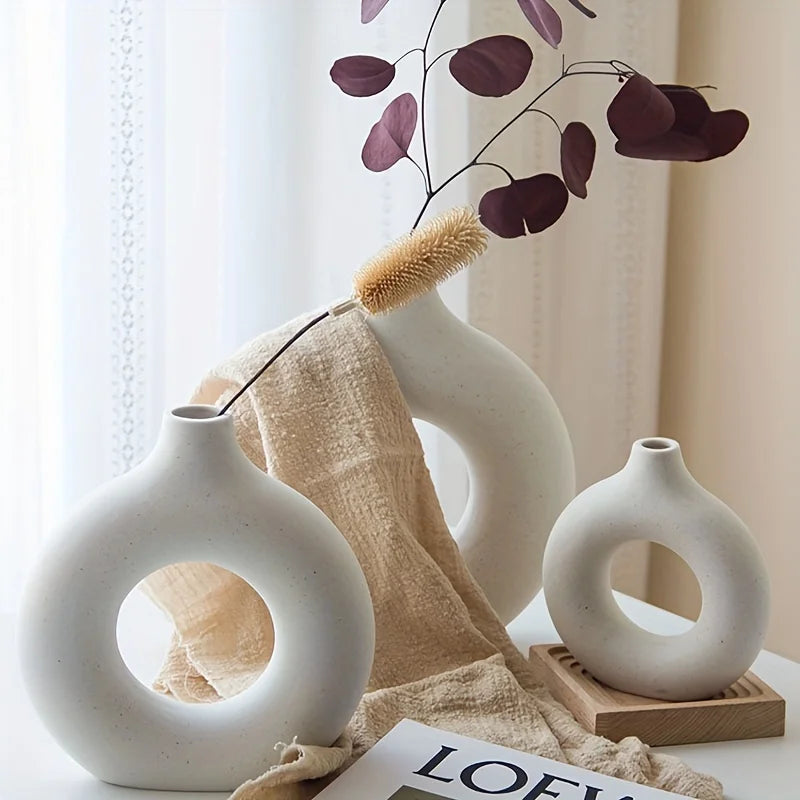 Elegant White/Beige Ceramic Donut Vase | Modern Home Decor