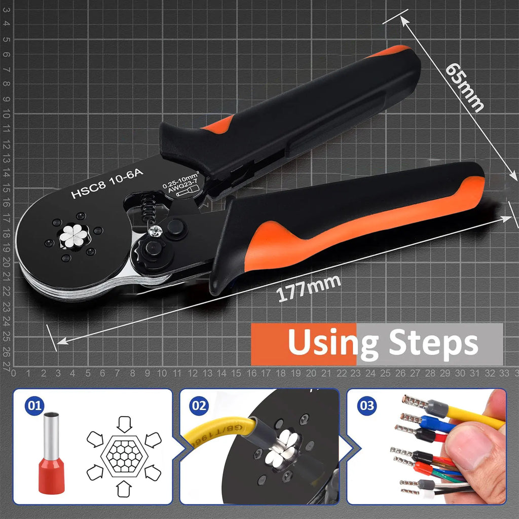 Hexagonal Self-Adjustable Ratchet Ferrule Crimping Tool Kit 23-7AWG | Precision Electrical Connectors