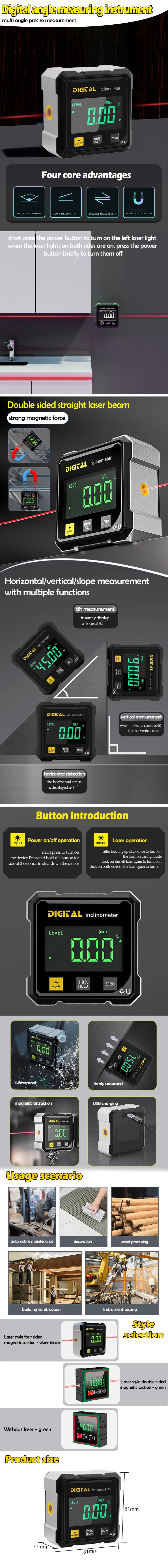 Magnetic Digital Angle Finder & 360° Laser Protractor Level | USB-C