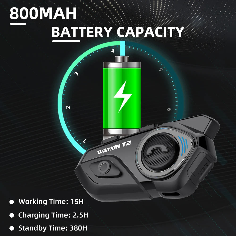 Wayxin t2 motocyklowy interkom bluetooth - 2 jeźdźców, 300m, bt 5.1, wodoodporny zestaw słuchawkowy
