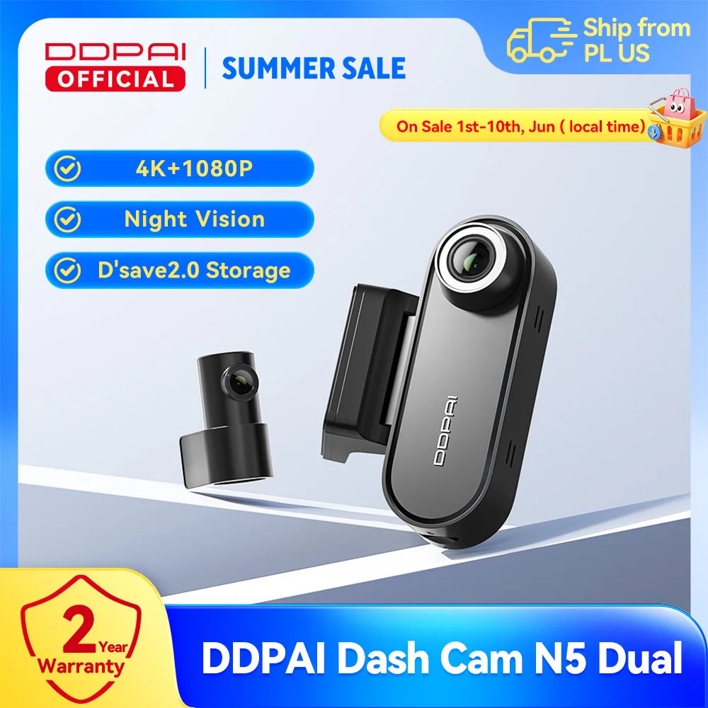 Ddpai n5 dualna kamera samochodowa 4k - przód i tył, nightvis, adas, gps