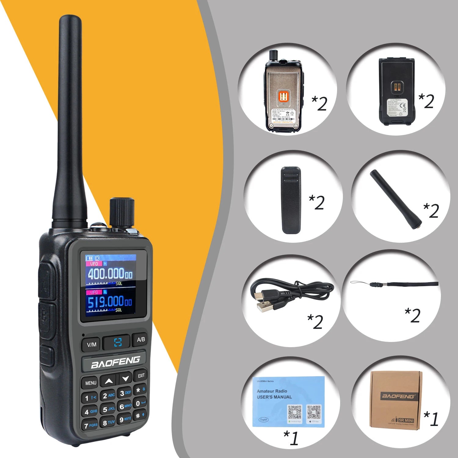Baofeng uv-5r mini zestaw 2 sztuk dwuzakresowy radiotelefon kompaktowy 5w z odbiornikiem pasma lotniczego i ładowaniem usb-c